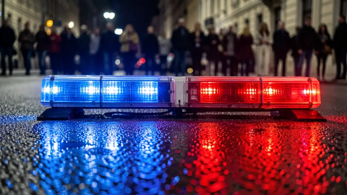 Imatge genèrica de llums d'emergència policials reflectint-se en asfalt mullat.