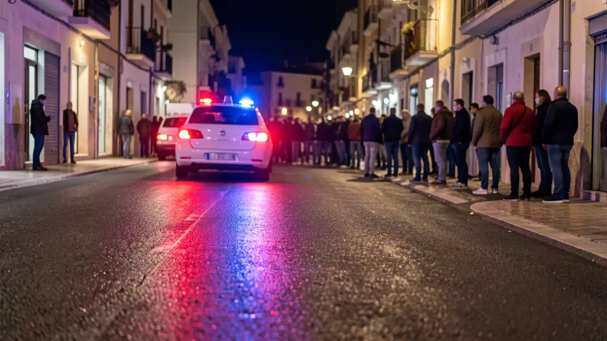 Imagen genérica de luces de emergencia policial reflejadas en el asfalto durante la noche.