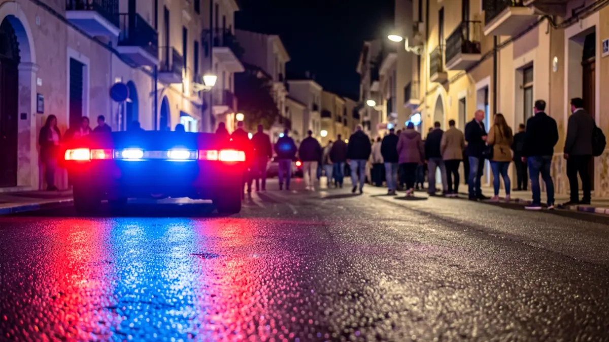 Generic image of police emergency lights reflecting on asphalt at night.