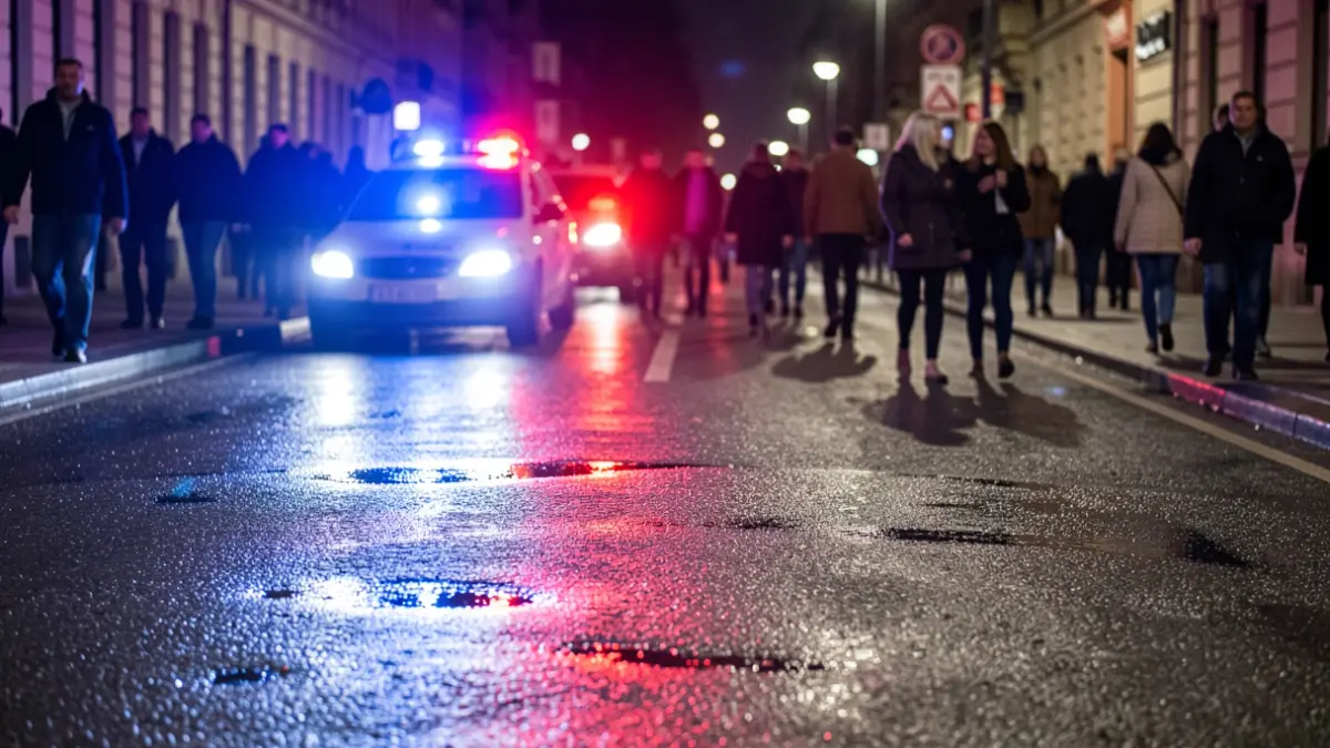 Generic image of police emergency lights reflected on asphalt.