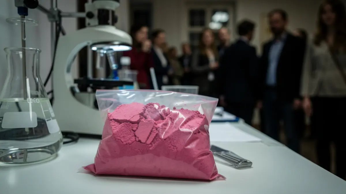 Imatge genèrica de substància rosa en bossa amb material de laboratori.