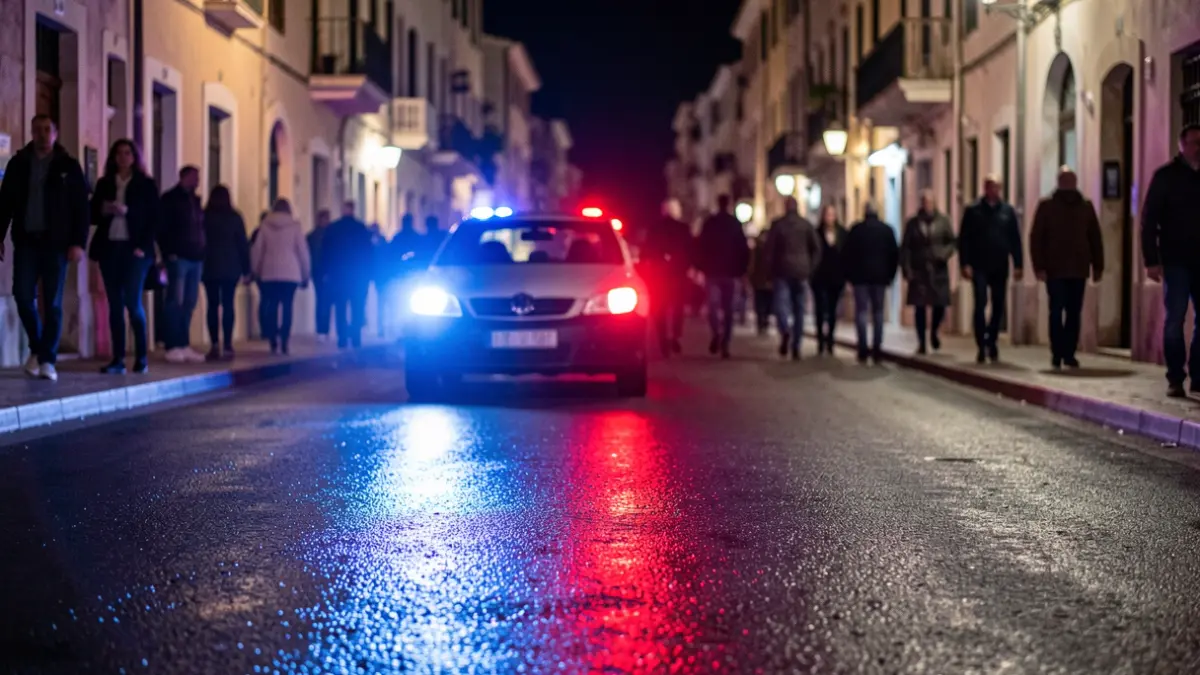 Generic image of police emergency lights reflecting on asphalt at night.