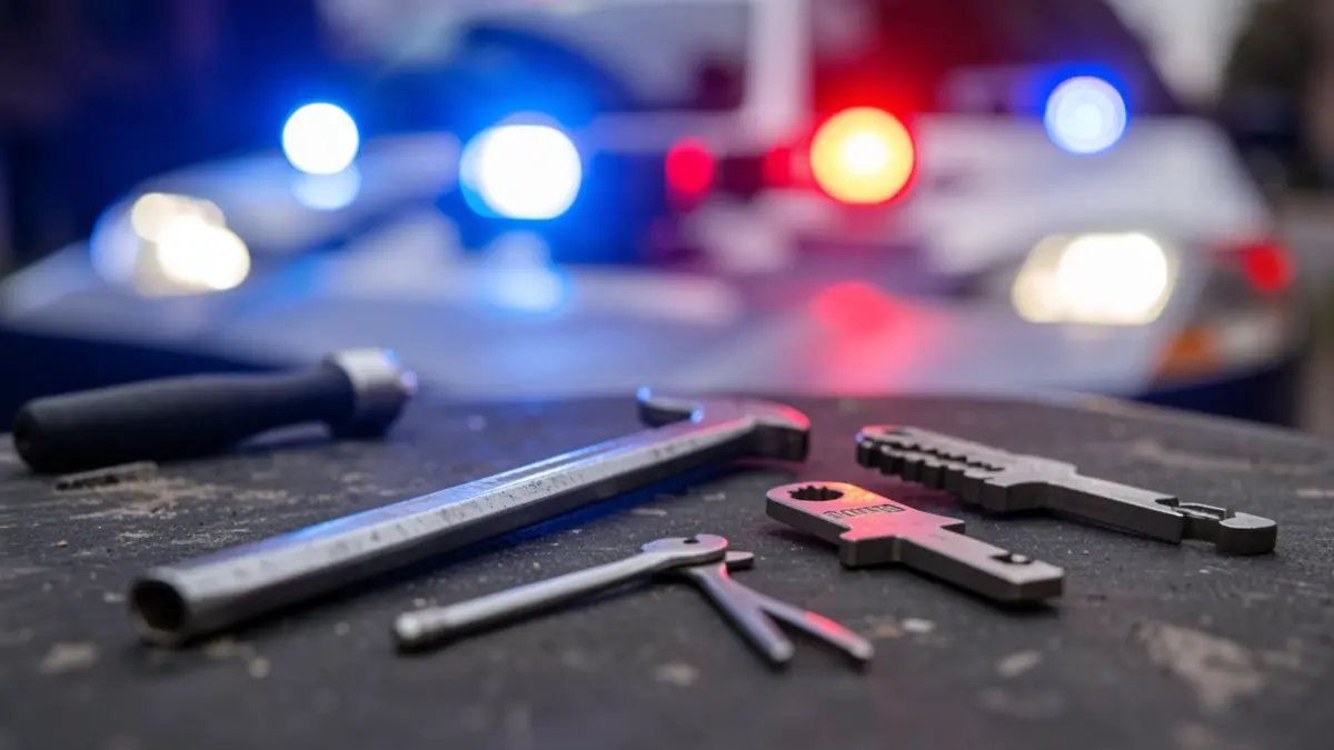Image of a crowbar and lock-picking tools, with police emergency lights in the background.