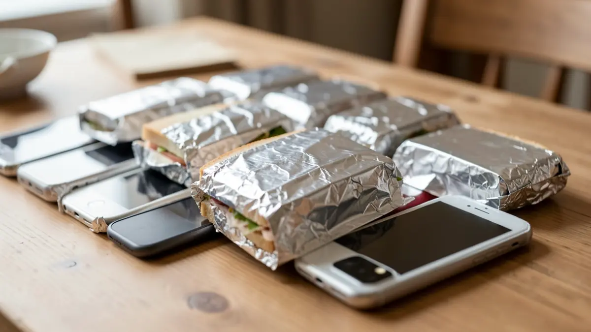 Image of mobile phones wrapped in aluminum foil.