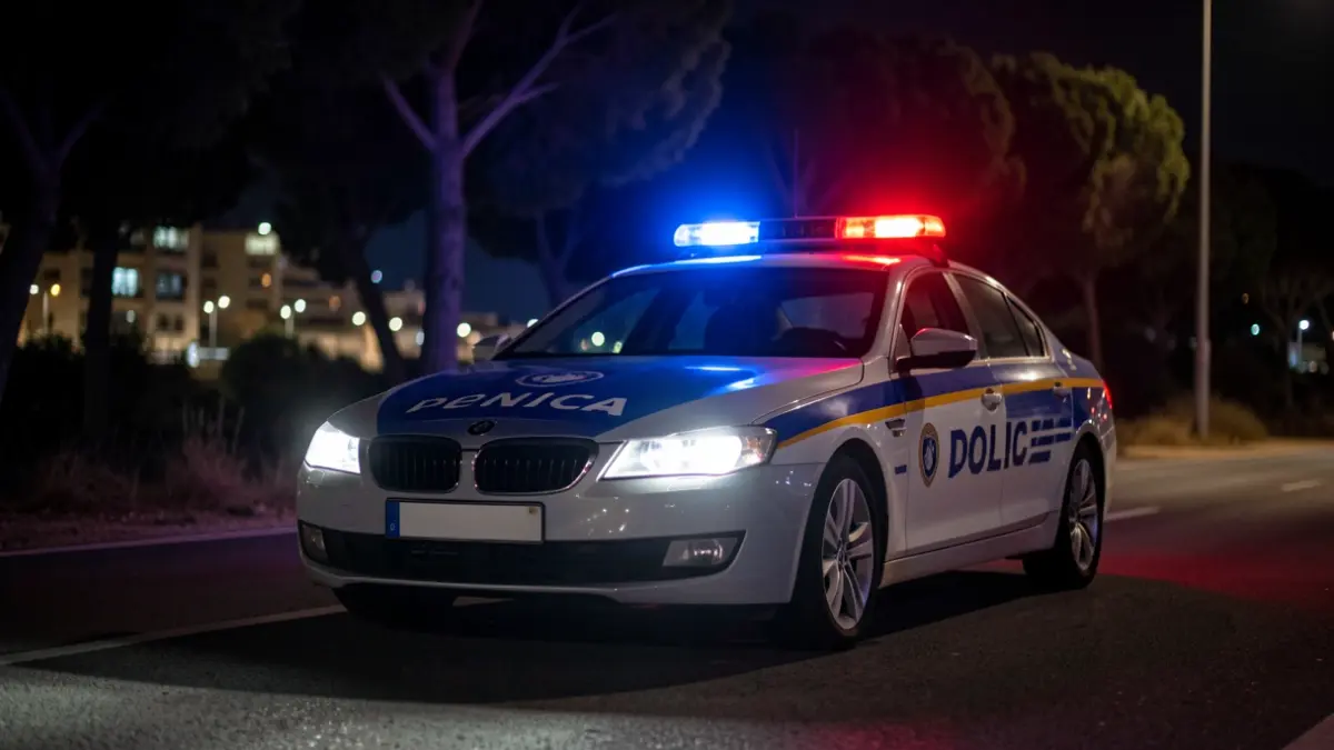 Imagen genérica de un coche de policía con luces de emergencia en una carretera nocturna.