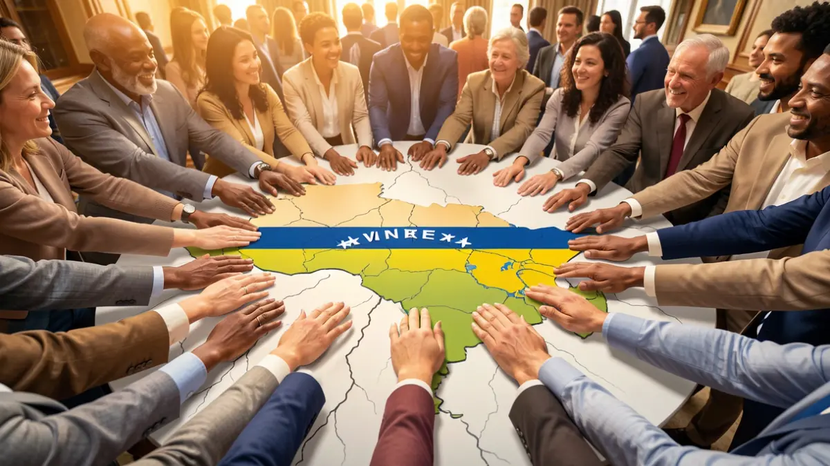 Generic image of helping hands forming a circle around a map of Venezuela.