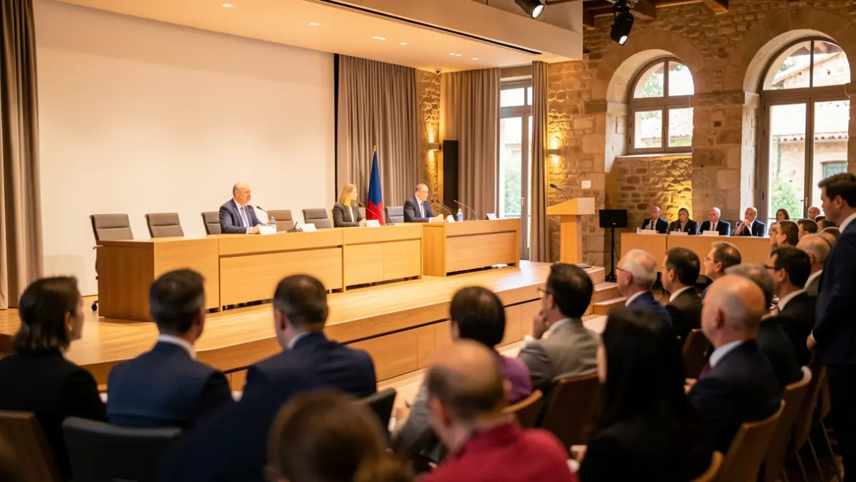 Imagen genérica de un salón de actos con un escenario y micrófonos.