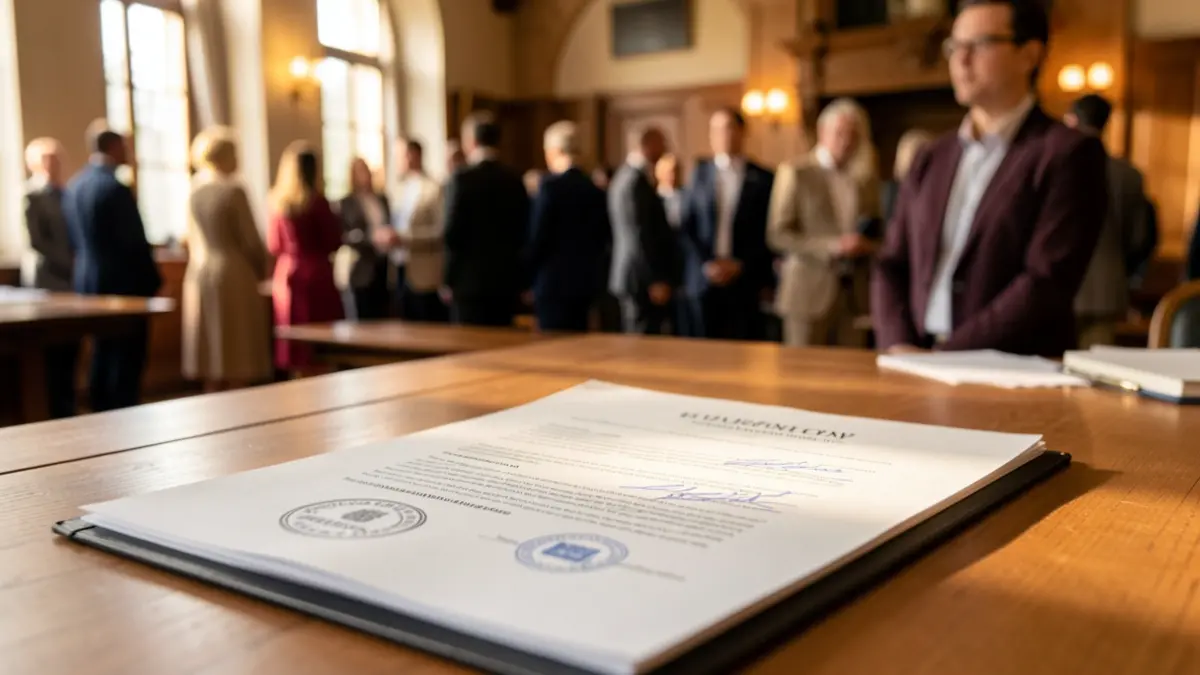 Official document on a wooden table in an institutional setting.