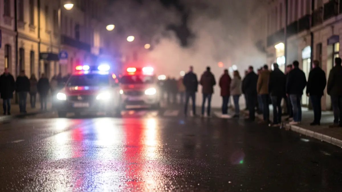 Generic image of emergency lights reflecting on wet asphalt at night.