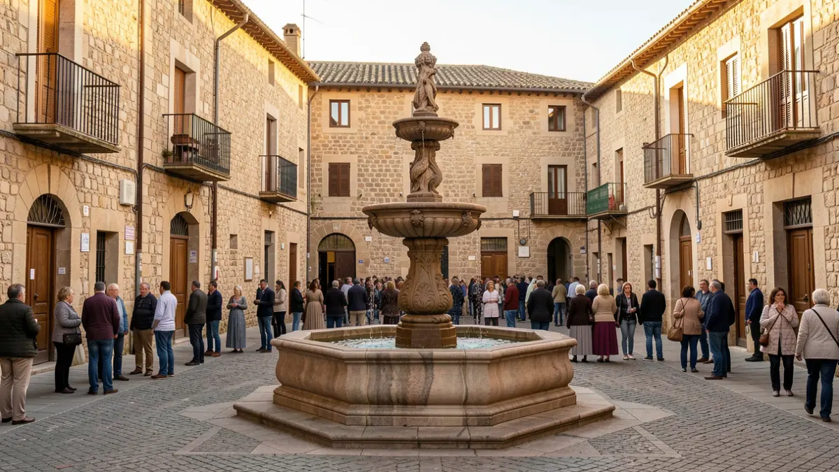 Imatge genèrica d'una plaça medieval a la Comunitat Valenciana amb edificis antics i una font.