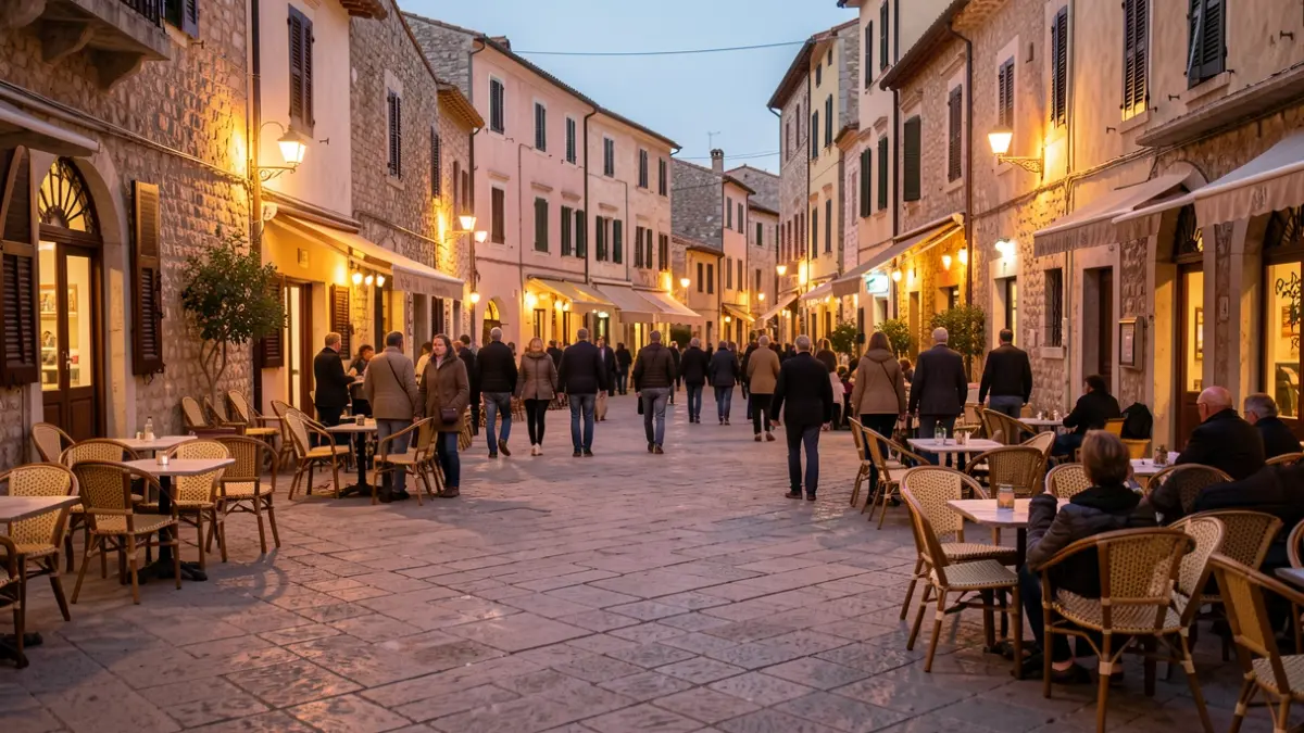 Generic image of a square in a Mediterranean neighborhood at night.