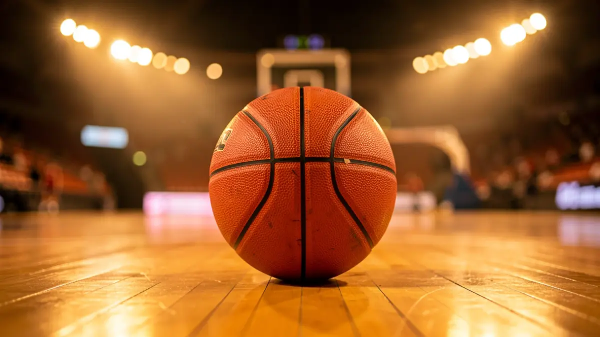 Generic image of a basketball on a wooden court in a sports arena.