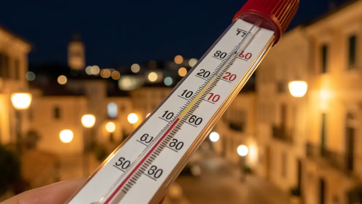 Generic image of a thermometer showing high temperature with a Mediterranean city in the background.