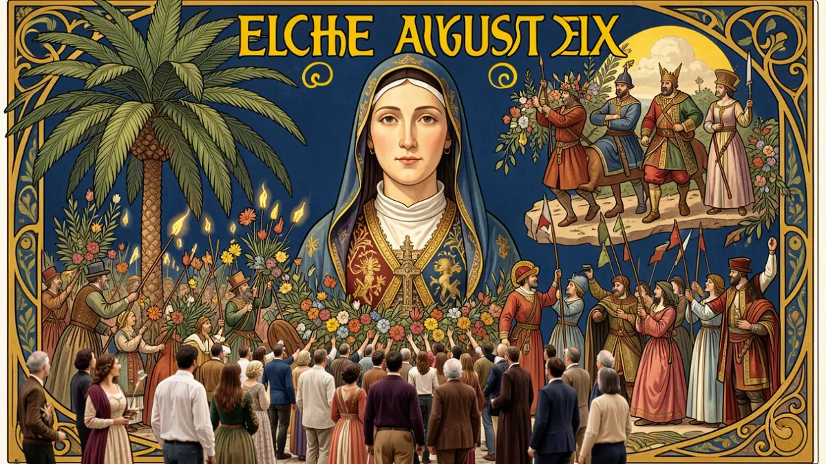 Artistic image of the Virgin of Elche with elements of the patronal festivals, Art Nouveau style.
