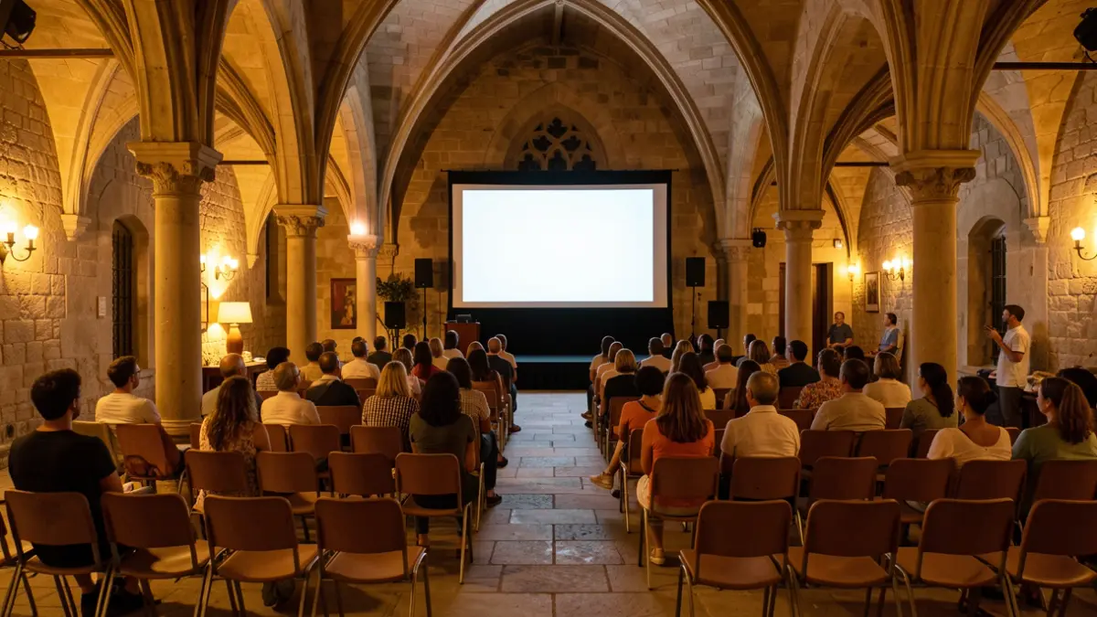 Imagen del interior del claustro gótico del Centre del Carme preparado para una sesión de cine al aire libre.