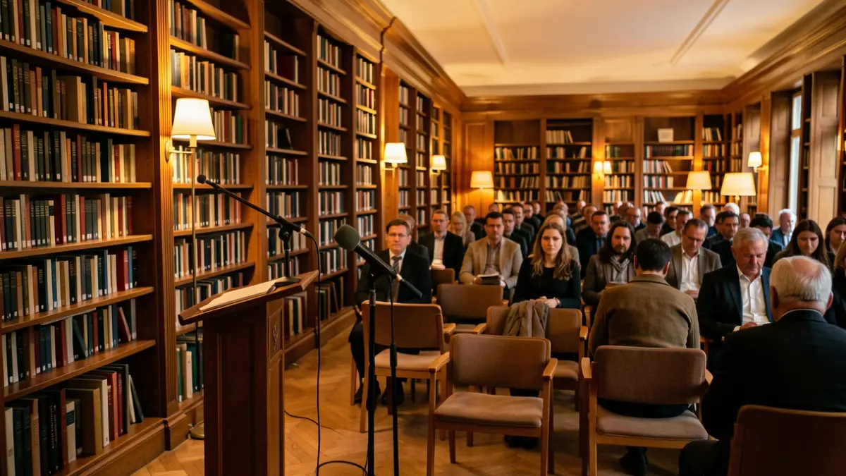 Interior d'una biblioteca amb prestatgeries de fusta i un micròfon en un faristol, ambient càlid de lectura.