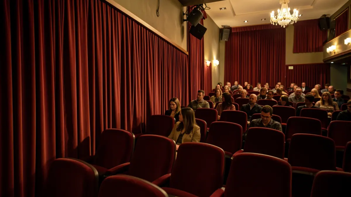 Generic image of a cinema hall with curtains and seats.