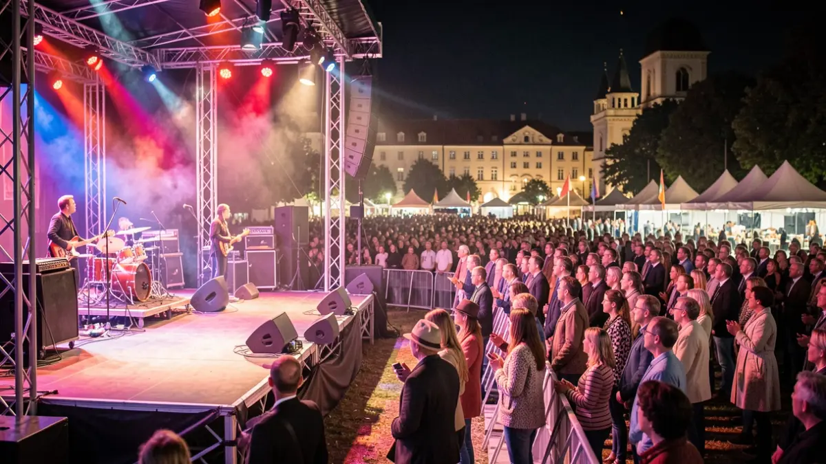Imatge genèrica d'un escenari de festival musical a la nit amb llums i públic borrós.