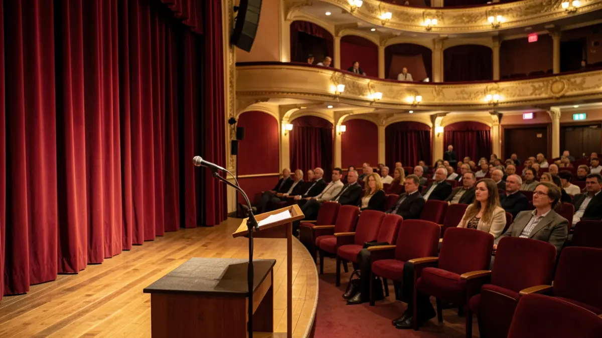 Interior de un teatro con cortinas y un atril, ambiente cultural.