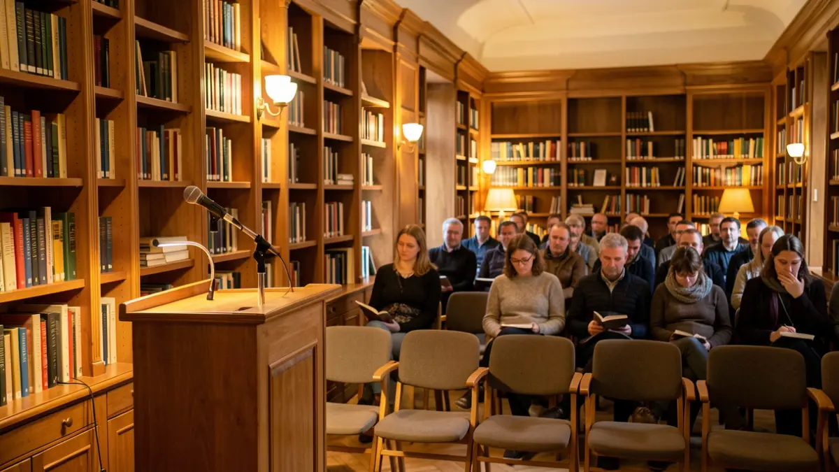 Imatge genèrica d'un espai cultural amb micròfon i cadires per a una presentació.