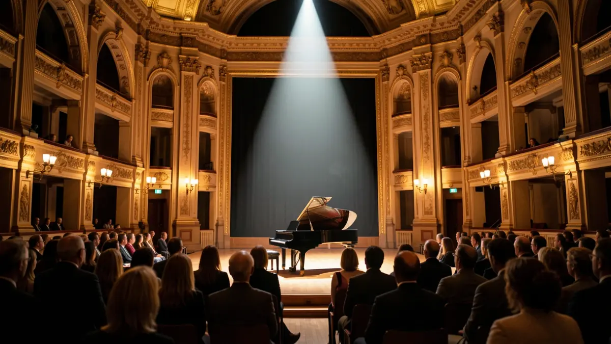 Imatge genèrica d'un interior de sala de concerts amb un piano al centre.