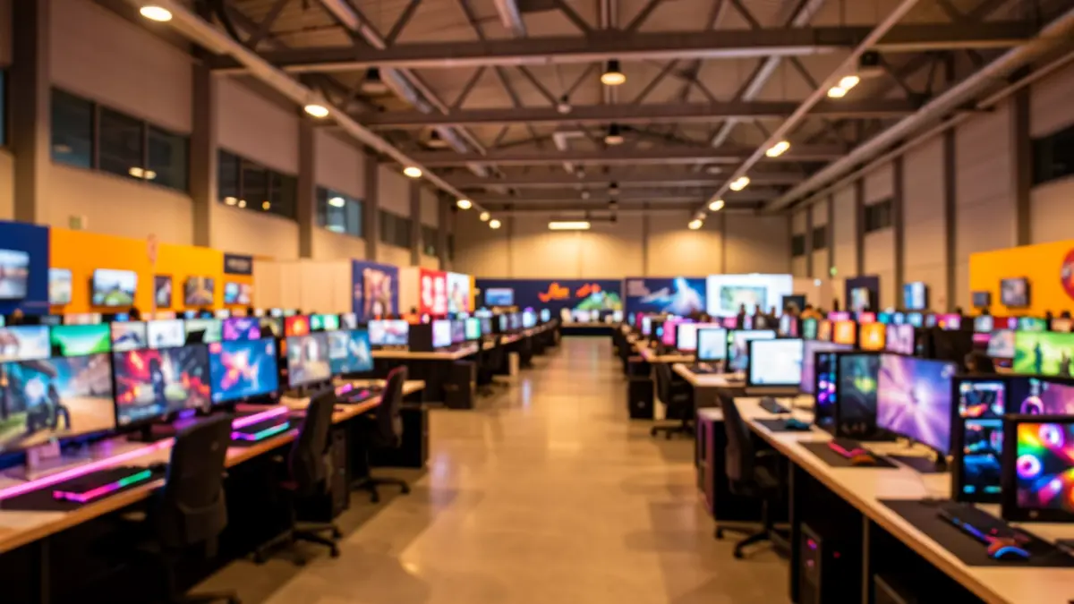 Imatge genèrica d'un espai d'exposició amb equips informàtics i pantalles il·luminades en un festival de videojocs.