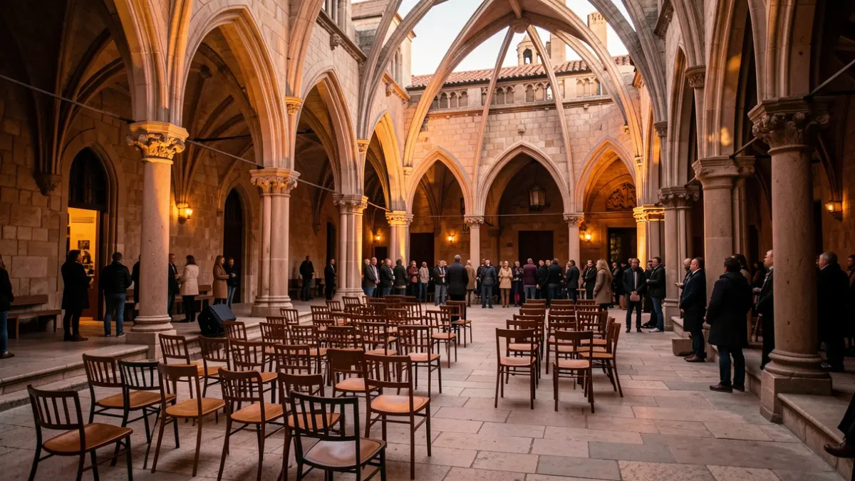 Imatge genèrica del claustre gòtic del Centre del Carme de València amb llums d'escenari.