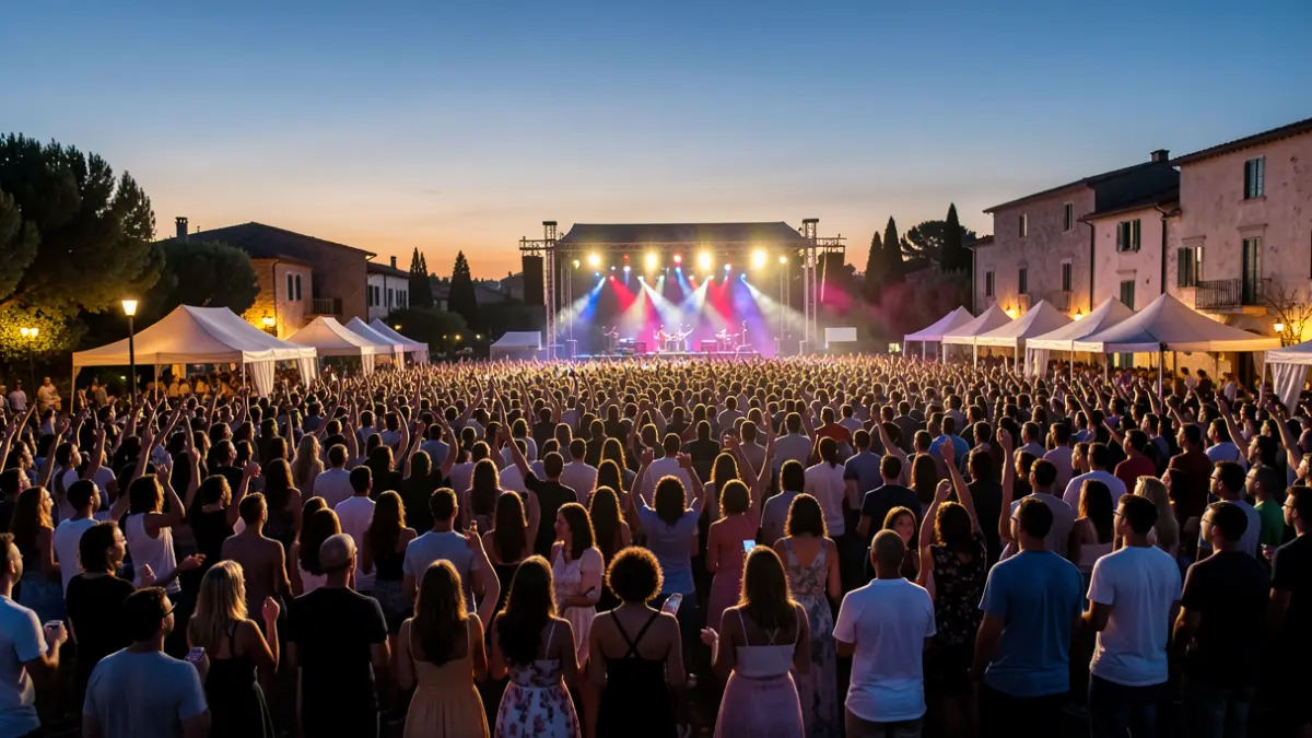Generic image of a music festival at dusk with a crowd and lights.