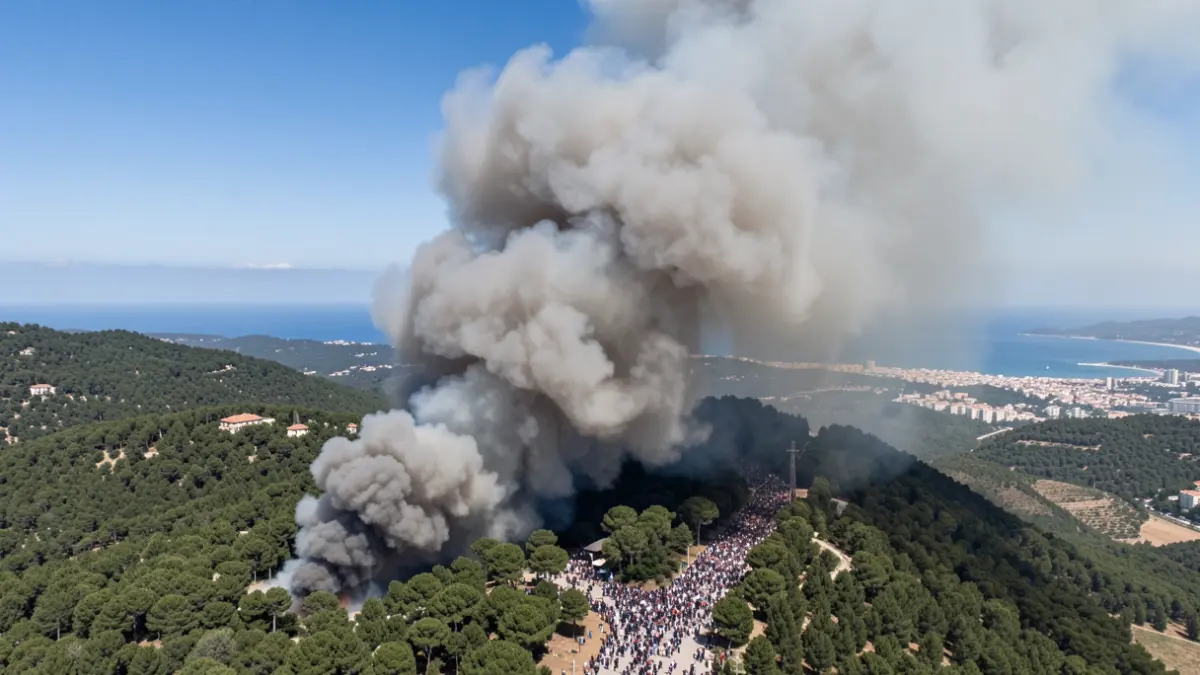 Generic image of a dense smoke plume over a forested mountain seen from above.