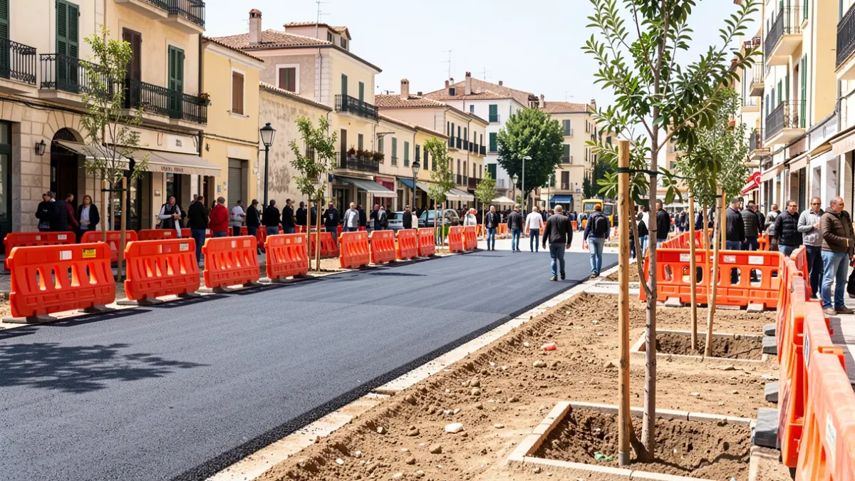 Obras de asfaltado y mejora urbana en una avenida con zonas verdes.