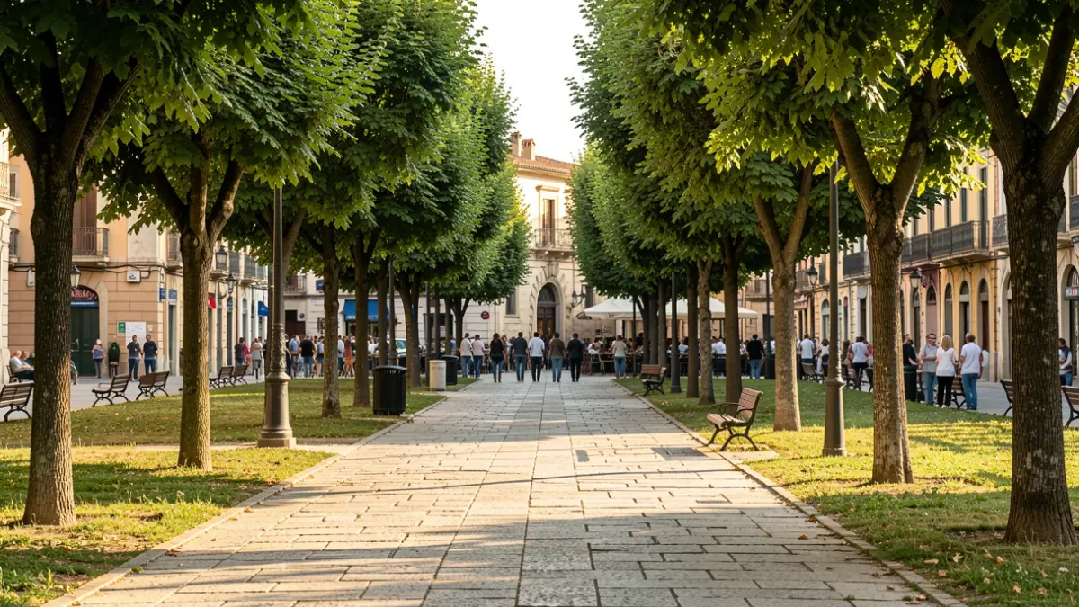 Generic image of a public park with trees and stone paths.