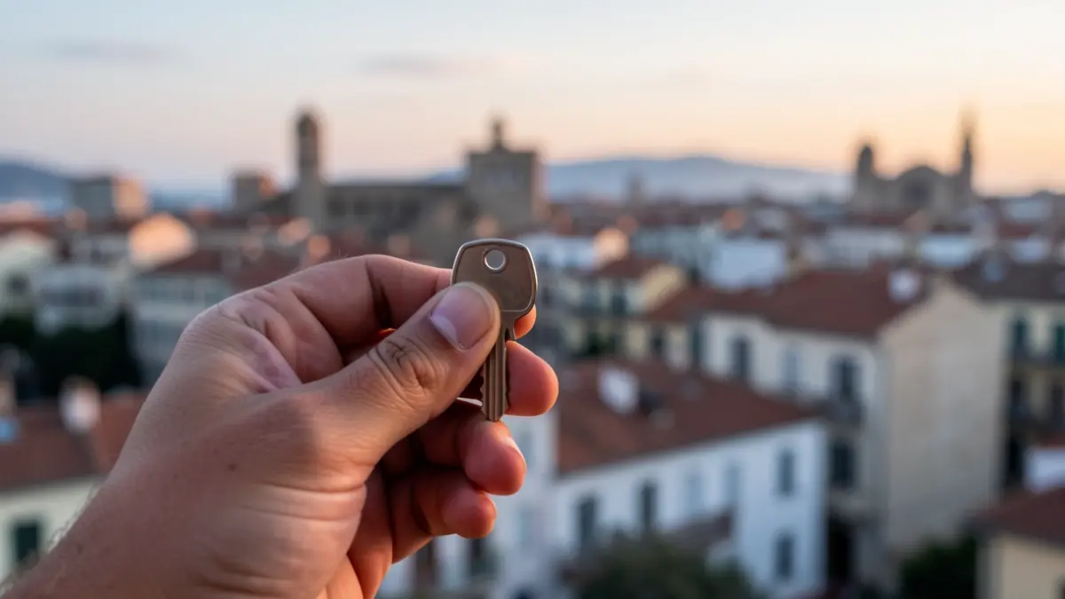 Imagen genérica de una llave de casa con un paisaje urbano mediterráneo al fondo.