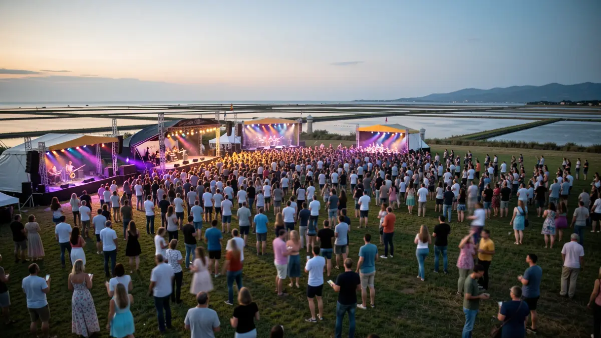 Imagen genérica de un festival de música al atardecer con escenarios y público.