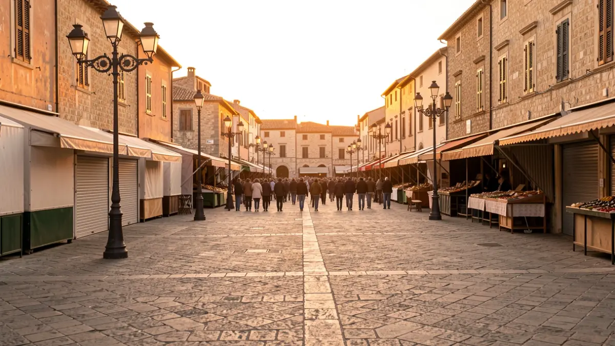 Imatge genèrica d'una plaça amb llocs de mercat tancats al capvespre.