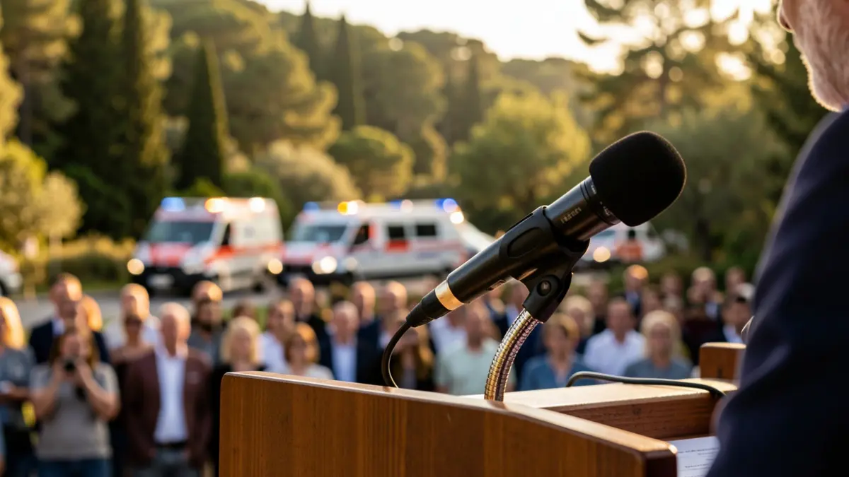 Imagen de un micrófono en un atril durante una rueda de prensa en el contexto del incendio forestal.