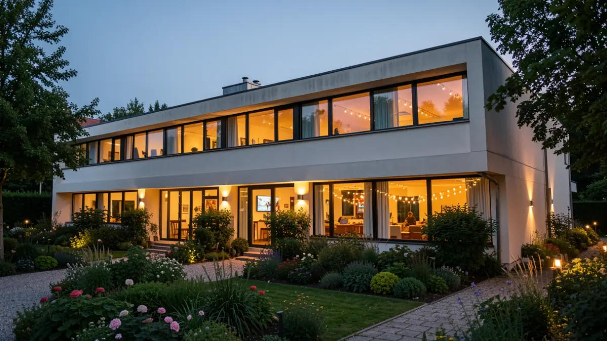 Generic image of the exterior of a modernist building with illuminated gardens at dusk.