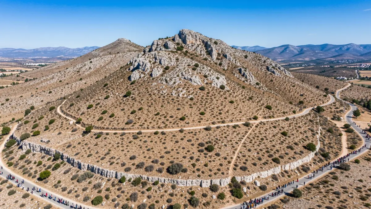 Imatge aèria del Montgó completament desert sota un sol intens, sense presència humana.