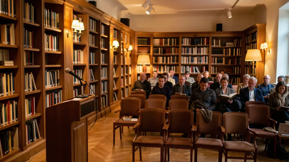 Imagen genérica de una sala de actos con micrófono y sillas, ambiente cálido de lectura.