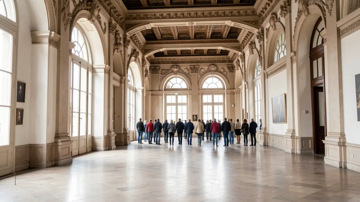 Interior d'un edifici històric a València preparat per a una exposició cultural.