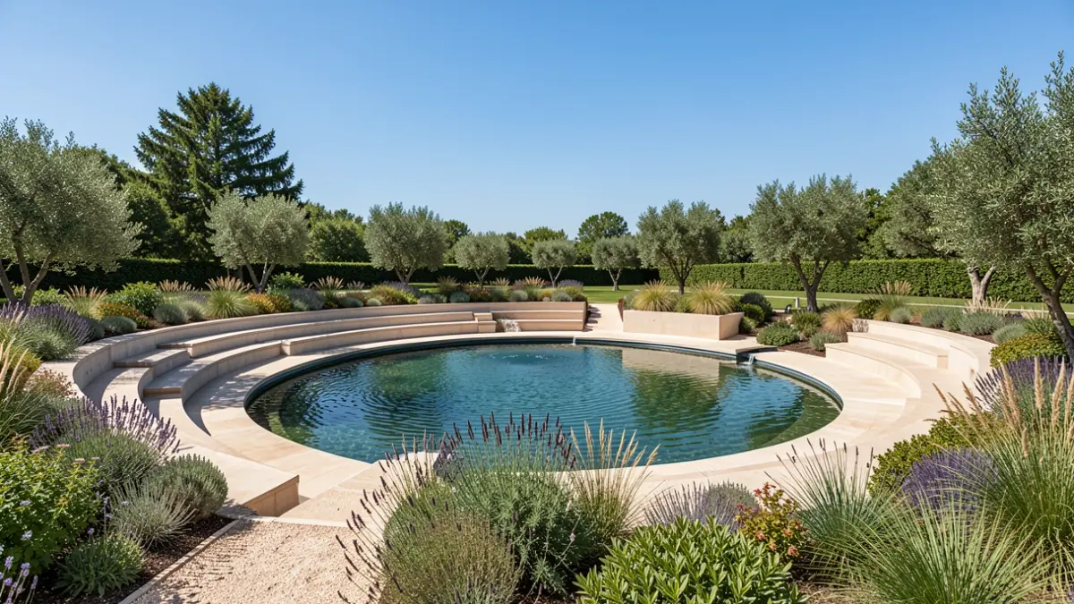 Imagen genérica de un parque mediterráneo con lago y zona de anfiteatro.
