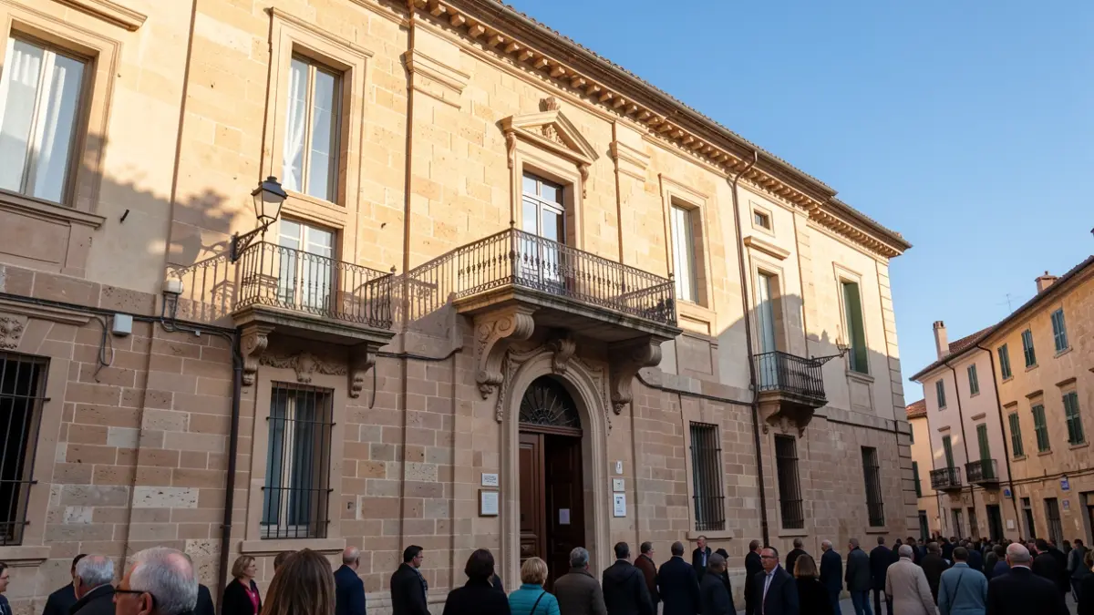 Imagen genérica de la fachada de un ayuntamiento mediterráneo con balcón y barandillas de hierro, luz de tarde.