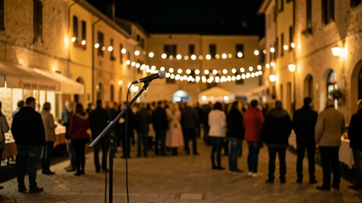 Escenario festivo nocturno en la plaza de un municipio valenciano durante una noche de conciertos.