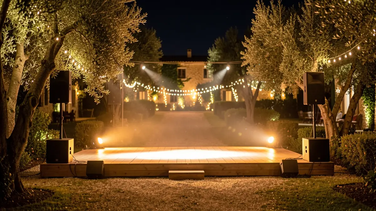Imagen genérica de un escenario exterior en un jardín durante la noche, con luces cálidas.