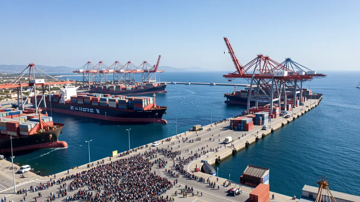 Generic image of a commercial port with containers and cranes on a sunny day.
