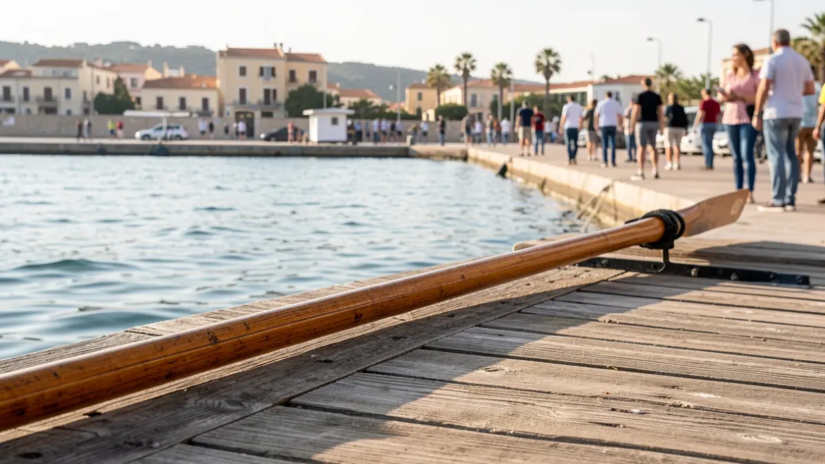 Imagen de un remo de madera en el Puerto de Gandia con el mar de fondo.