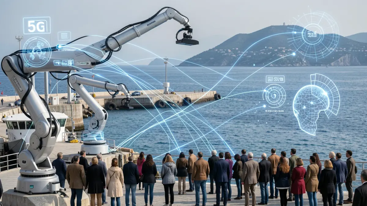 Imatge genèrica d'un port futurista amb robots i tecnologia 5G.