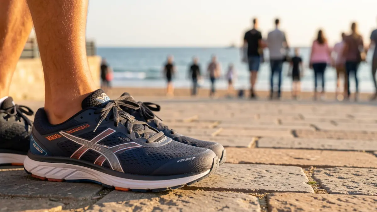 Generic image of sports footwear on a seaside promenade during the morning.