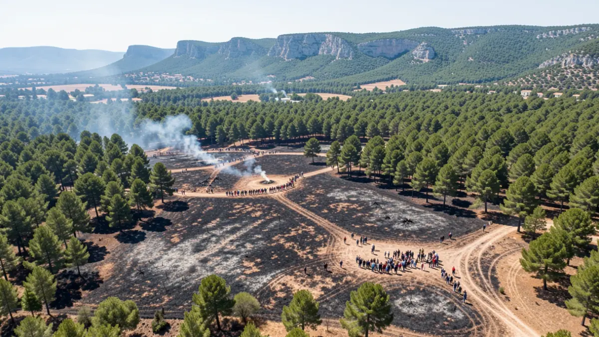 Vista aèria d'un paisatge forestal mediterrani amb zones afectades pel foc i fum, en la serra d'Espadà.