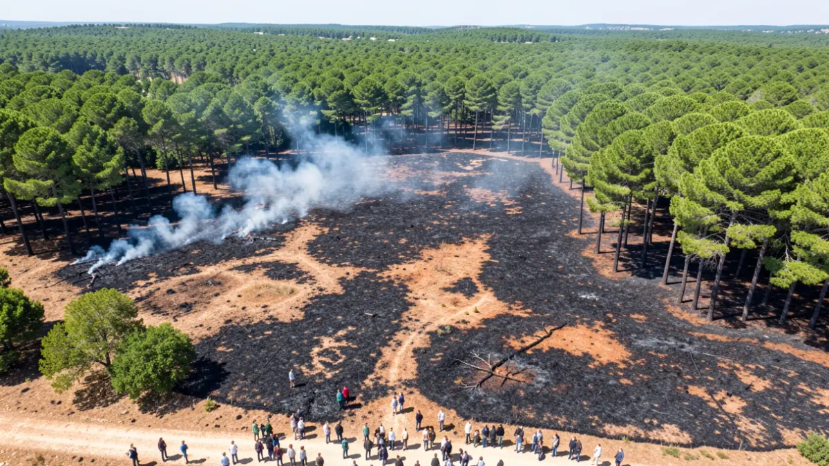 Imagen aérea de un bosque mediterráneo con zonas afectadas por el fuego y humo.