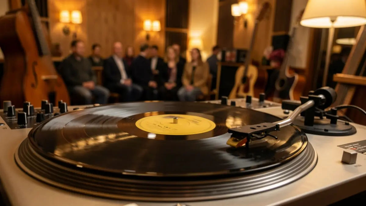 Generic image of a vinyl record spinning on a turntable in a music studio.